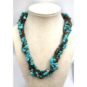 Faux Turquoise Beaded & Chain Twist Multi Strand Necklace - Vintage
